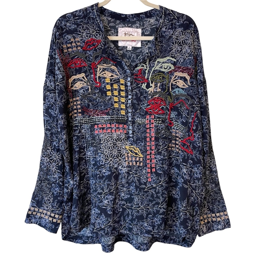 Johnny Was Biya 100% Silk Sunniva Embroidered Tunic Top Blouse Artsy Medium
